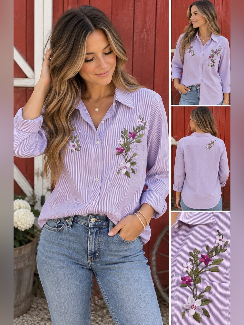 Las Olas Women’s Purple Pinstripe Floral Embroidered Button Down Shirt Size S